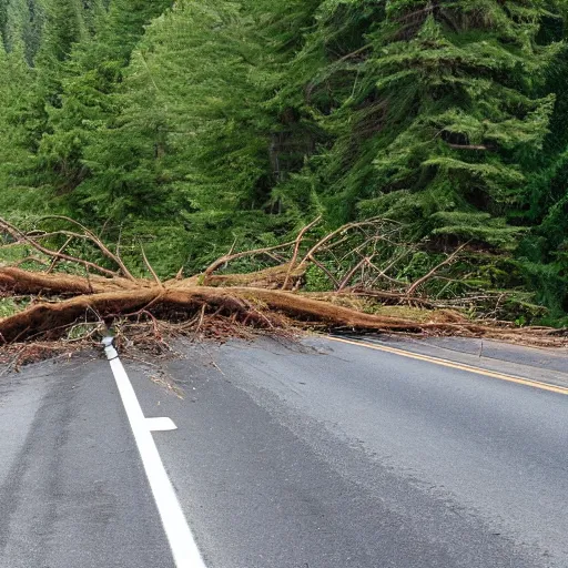 Image similar to fallen tree in highway traffic. Sasquatch hides in the forest