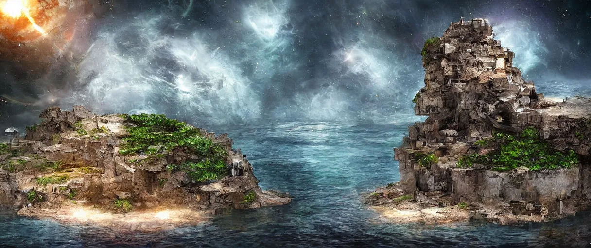 Prompt: a crumbling island in space, waterfalls, in style bruce ricker, digital art, detailed, depth of field