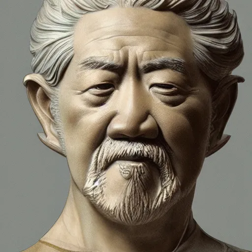 Image similar to beautiful lifelike award winning marble statue bust of pat morita trending on art station artgerm greg rutkowski alphonse mucha museum quality cinematic atmospheric
