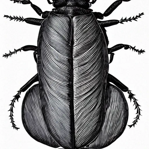 Image similar to beetle, black and white, botanical illustration, black ink on white paper, bold lines