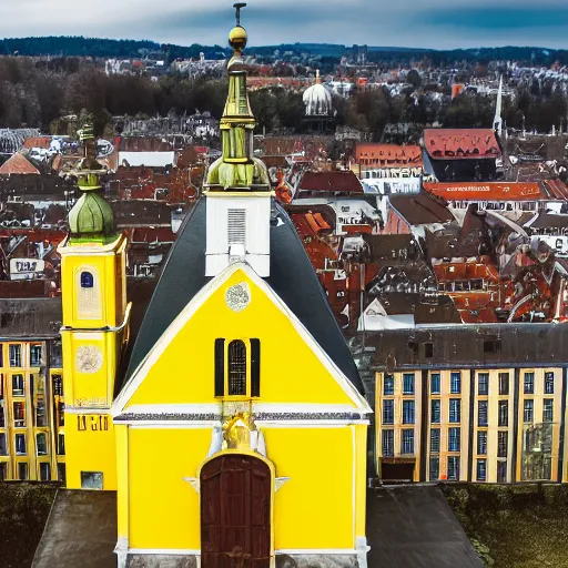 Prompt: a large yellow building with a steeple on top of it, a flemish baroque by karl stauffer - bern, unsplash, heidelberg school, panorama, wimmelbilder, on a hill, sadness, dark ambiance, by banksy