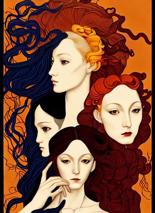Prompt: 3 Autumn Muses symbolically representing September, October, and November, in a style blending Æon Flux, Peter Chung, Shepard Fairey, Botticelli, Ivan Bolivian, and John Singer Sargent, inspired by pre-raphaelite paintings, shoujo manga, and cool Japanese street fashion, dramatic autumn landscape, leaves falling, deep sunset tones, hyper detailed, super fine inking lines, ethereal and otherworldly, 4K extremely photorealistic, Arnold render