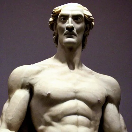 Prompt: a renaissance sculpture of a tall, muscular, handsome, gorgeous beautiful male with the face of Waluigi from Nintendo,