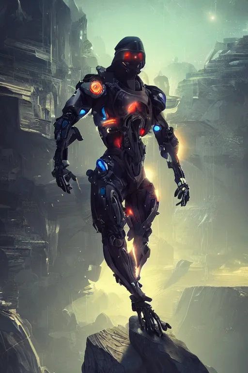 Image similar to ninja cyborg letting go of reality and experiencing the quantum feild, matte painting comic book art, cinematic, highly detailed, realistic, beautiful cosmic neural network, octane render, unreal engine, depth of field, trending on artstation, sharp focus, philosophical splashes of colors