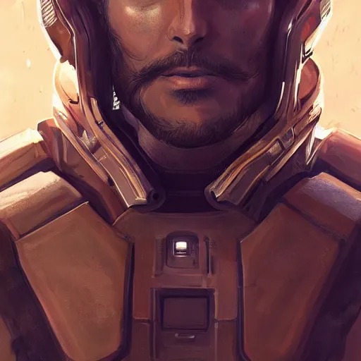 Image similar to Portrait of a man with brown hair and beard in futuristic sci-fi armor, blasters on his belt, digital art, realistic, artstation, detailed