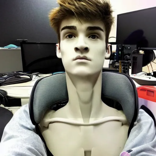 Image similar to “a realistic detailed photo of a guy who is an attractive humanoid who is half robot and half humanoid, who is a male android, twitch streamer Ninja Tyler Blevins, shiny skin, posing like a statue, blank stare, on a gaming chair streaming”