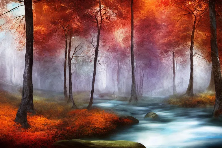 Image similar to deep dark moody candy forest, peppermint stick trees, cotton candy bushes, big colorful rock candy boulders, gumdrop mushrooms, chocolate creek, dark mood. mysterious realistic painting. photobashing, matte painting, highly detailed, autumn, cinematic, hyperrealistic, artstation, dramatic lighting, god rays, clean crisp graphics, smooth sharp focus, extremely detailed