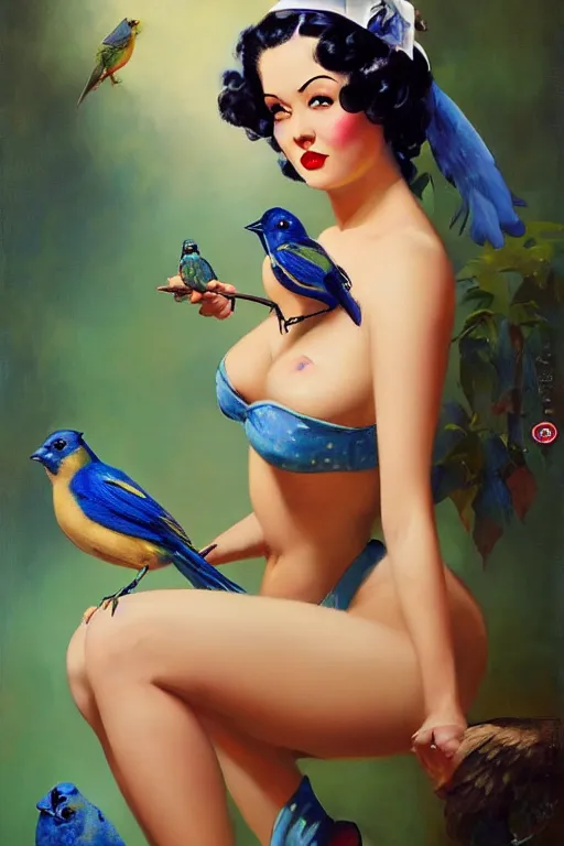 Image similar to pinup girl holding an indigo bunting, bird, the bird is wearing a bowtie by greg rutkowski, rossdraws, gil elvgren, enoch bolles, anime, porcelain skin, glistening, very coherent, ruffled plumage, hyper realistic painting, fashion lighting