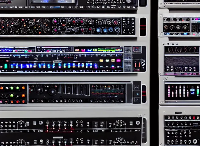 Image similar to photo still of a rack of synthesizers, 8 k