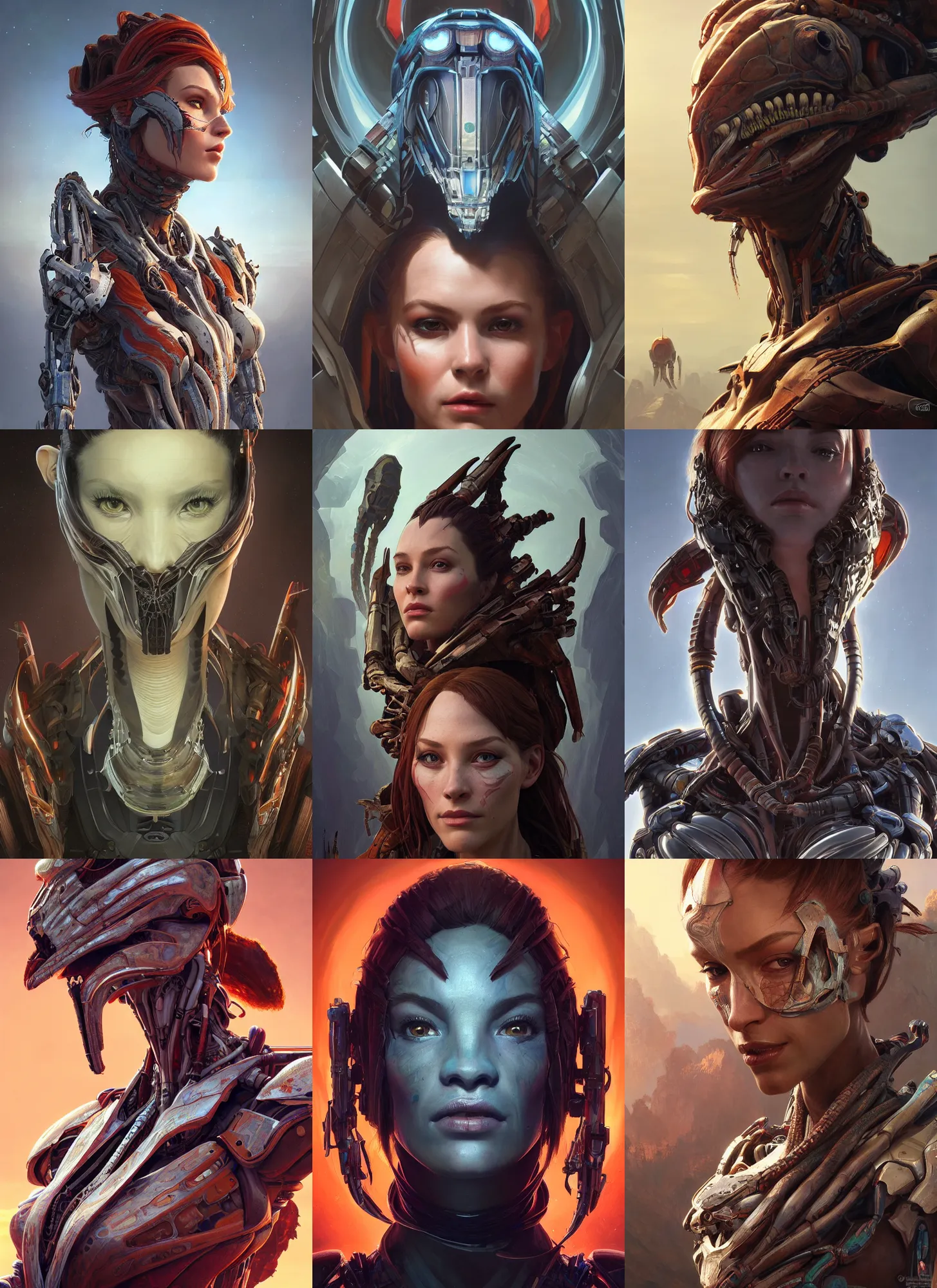 Image similar to asymmetrical!! portrait of an alien with large tubes in face in the style of, machine face, intricate, elegant, highly detailed, digital painting, artstation, concept art, smooth, sharp focus, illustration, art by artgerm and greg rutkowski and alphonse mucha, horizon zero dawn 8 k