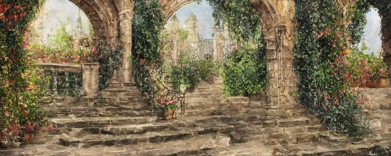 Image similar to courtyard walkway, fountain, castle, stairway, chairs, wrought iron, gate, botanic garden, botanical herbarium paper, oil colored painting, iridescent colors, realistic shaded, fine, artstation, italian style, colonnade ornate headdress, craving, carved, insanely detailed