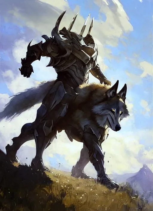 Prompt: Greg Manchess painting of a Wolf Charr from Guild Wars 2 wearing Forerunner Armor from Halo, countryside, calm, fantasy character portrait, dynamic pose, above view, sunny day, artwork by Jeremy Lipkin and Giuseppe Dangelico Pino and Michael Garmash and Rob Rey, very coherent asymmetrical artwork, sharp edges, perfect face, simple form, 100mm