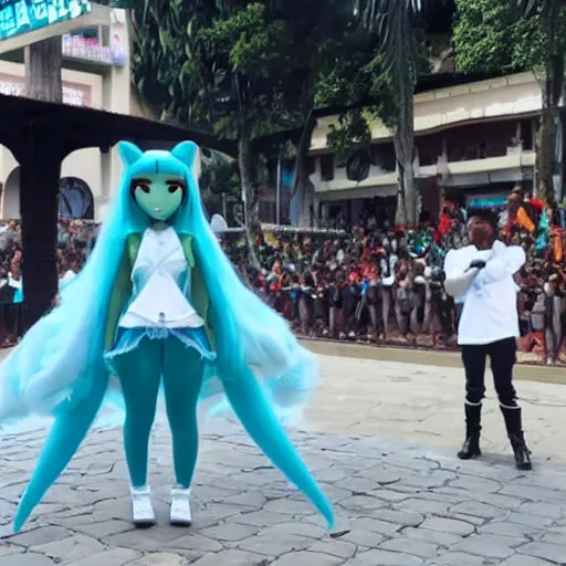 Image similar to Kanye west and Hatsune Miku performing at plaza de bolivar in armenia quindio while raining