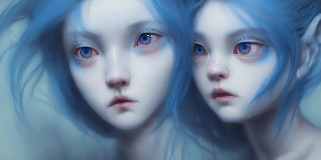 Prompt: portrait of a big eyed blue haired teenage girl looking sad to the camera, powder from the tv series arcane, extremely detailed digital painting, in the style of fenghua zhong and ruan jia and jeremy lipking and peter mohrbacher, mystical colors, rim light, beautiful lighting, 8 k, stunning scene, raytracing, octane, trending on artstation