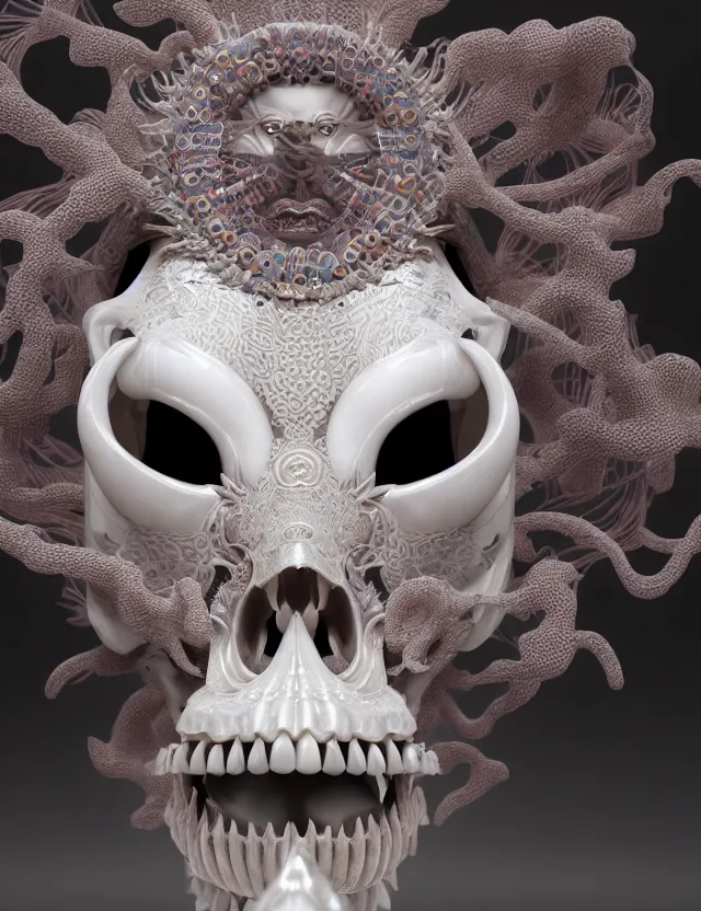 Image similar to 3 d goddess close - up frontal portrait with cow skull. beautiful intricately detailed japanese crow kitsune mask and clasical japanese kimono. betta fish, jellyfish phoenix, bio luminescent, translucent, plasma, ice, water, wind, creature, artwork by tooth wu and wlop and beeple and greg rutkowski. vray. behance. 8 k