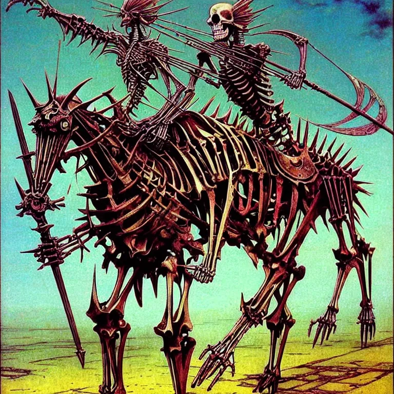 Prompt: A little colorful and vibrant. A spiked detailed horse skeleton with armored joints stands with halberd in hand. Massive shoulderplates. Extremely high details, realistic, fantasy art, masterpiece, bones, ripped flesh, by Beksinski, Arthur Rackham, Dariusz Zawadzki, Harry Clarke