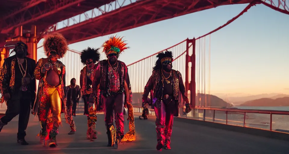 Image similar to first image afrofuturistic heist movie starring george clinton and parliament funkadelic, sundance official selection. shot on the golden gate bridge with alexa mini, stunning cinematography, golden hour, filmgrain.