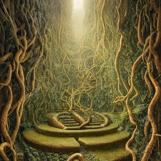 Image similar to intricate stunning highly detailed illustration of the inca lost city of gold, 🌱, by agostino arrivabene and vladimir kush, blood rivers running through stairs, surreal, digital painting, ultra realistic, dramatic lighting, twisted vines, lush plants, gold, inca, pristine water, artstation