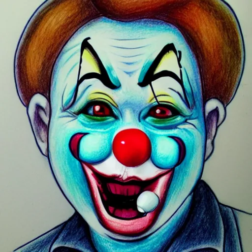 Image similar to a drawing of a clown with a stethoscope and blue shirt, face paint, a character portrait, trending on deviantart, neoplasticism, creepypasta, freakshow, macabre, white background