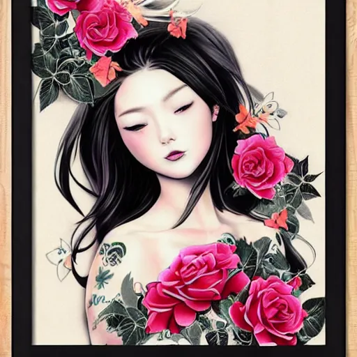 Prompt: tattoo design, stencil, beautiful japanese girls face framed by roses and ivy by artgerm, artgerm, cat girl, anime