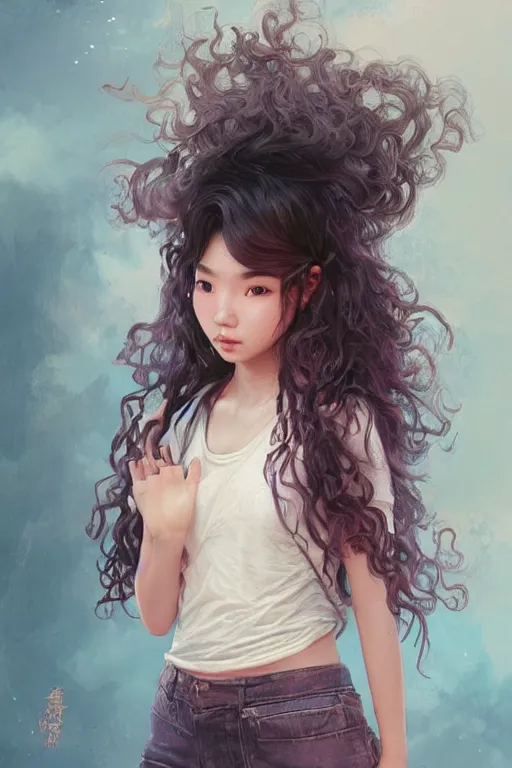 Prompt: portrait of a cute Thai girl with a messy curly hair, pastel hair, streetwear fashion, highly detailed, digital painting, artstation, concept art, sharp focus, illustration, art by artgerm and greg rutkowski and alphonse mucha