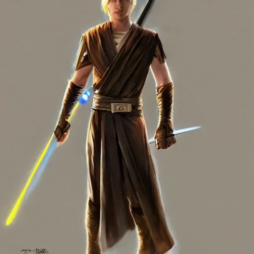 Image similar to a young blonde male jedi with short hair looking away at a threat full body shot concept art by Doug Chiang cinematic concept art, realistic painting, high definition, digital art, matte painting, symmetrical, very detailed, realistic, dramatic lighting, cinematic, establishing shot, extremely high detail, photo realistic, cinematic lighting, post processed, concept art, artstation, matte painting, red color scheme