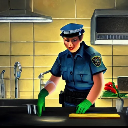 Image similar to A police officer wearing rubber gloves to wash dishes in kitchen, highly detailed, ambient lighting, trending on art station