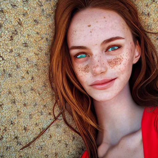 Image similar to portrait of a cute thin young woman, bronze brown hair, emerald green eye color, red blush, cute freckles, smug smile, modern clothes, relaxing on the beach, golden hour, close up shot, 8 k, art by irakli nadar, hyperrealism, hyperdetailed, ultra realistic