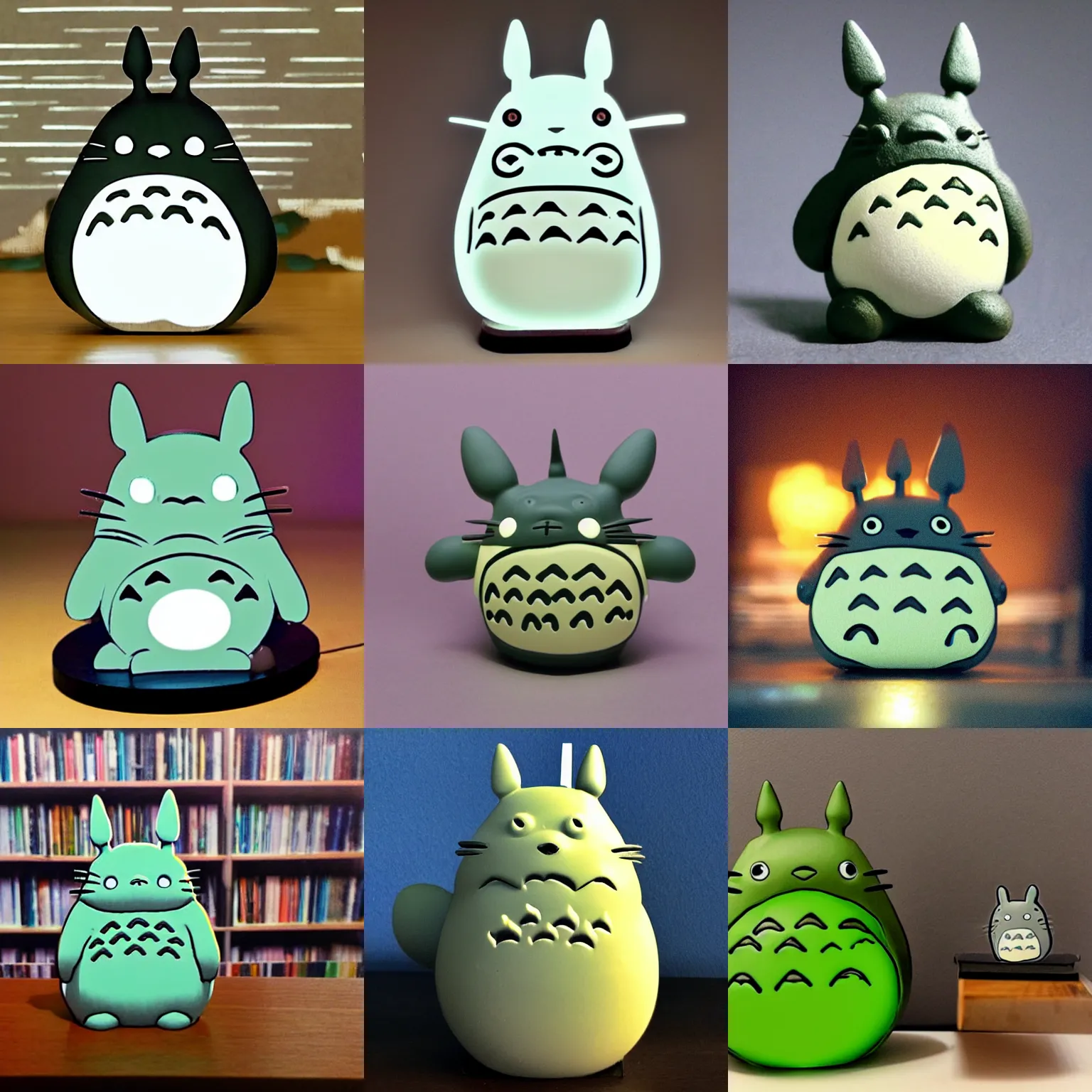 Prompt: totoro made from glow in the dark plastic. totoro is sitting on a shelf, in a dark room, in the background comic books on shelf