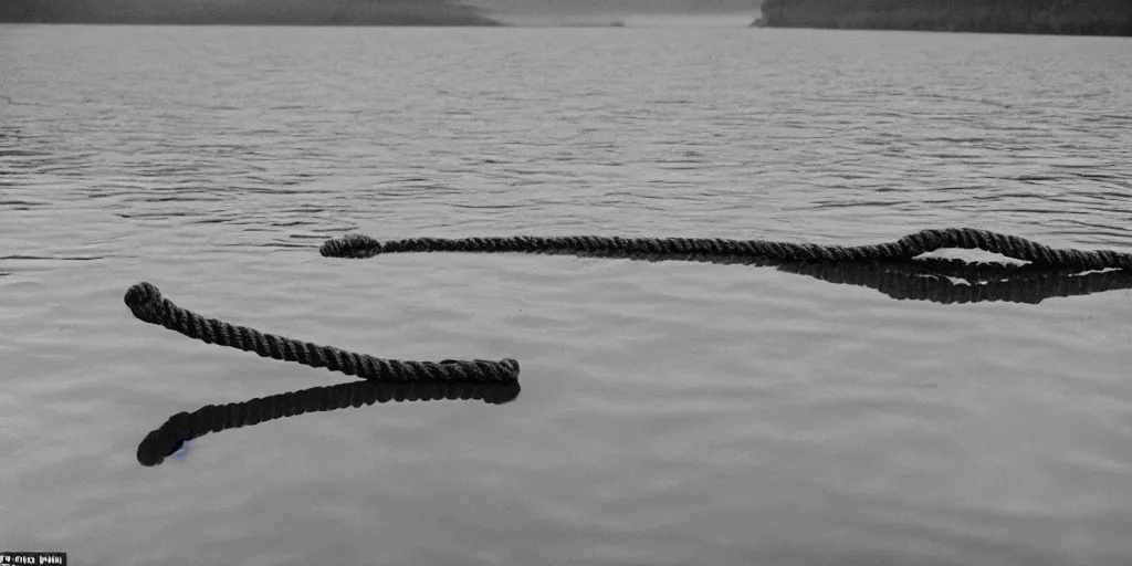 Image similar to symmetrical photograph of an infinitely long rope submerged on the surface of the water, with an uhnicorn, the rope is snaking from the foreground towards the center of the lake, a dark lake on a cloudy day