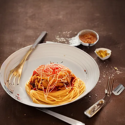 Image similar to extremely delicious looking photo of beautiful spaghetti,, unique way of serving, very expensive top quality product, michelin star, most perfect desert on the world, small manufacture, unique style, 8 k, product photography, professional studio photography