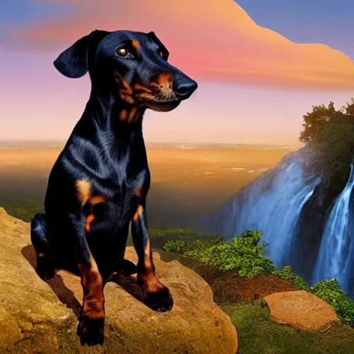 Prompt: black dachshund sitting on top of a hill, waterfall in background, matte painting, cartoon, historical painting, framed, golden hour