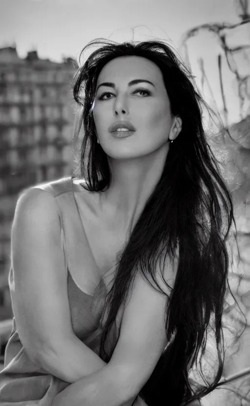 Prompt: portrait of monica bellucci , 3/4 view realistic, detailed, diffuse sunlight, soft lights, bokeh Paris in background