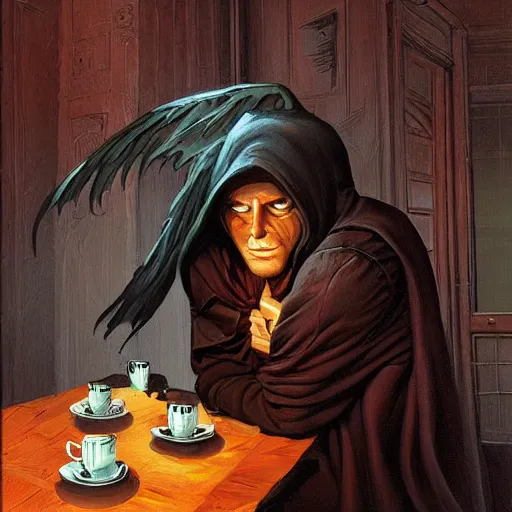 Image similar to painting in style of michael whelan, the dark angel of coffee