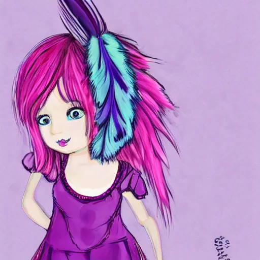 Image similar to little girl with eccentric pink hair wearing a dress made of purple feather, art by dcwj