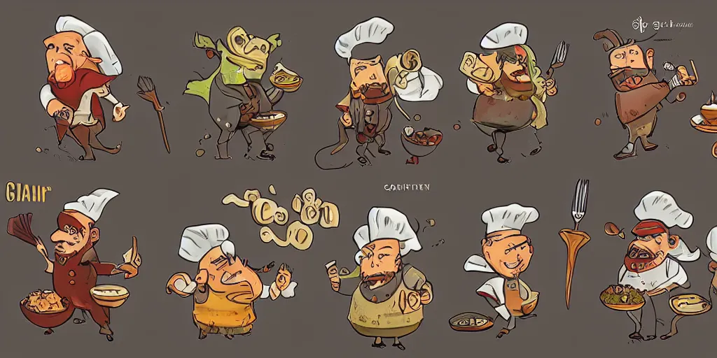 Prompt: card design concept art for a fantasy game about chefs and food and monsters