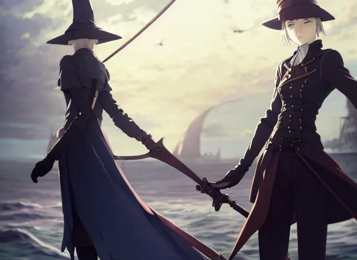 Image similar to lady maria, helm of second world war warship in background, illustration concept art anime key visual trending pixiv fanbox by wlop and greg rutkowski and makoto shinkai and studio ghibli and kyoto animation, astral witch clothes, steampunk, realistic anatomy, cute face, navy anchor, grimdark, volumetric lighting