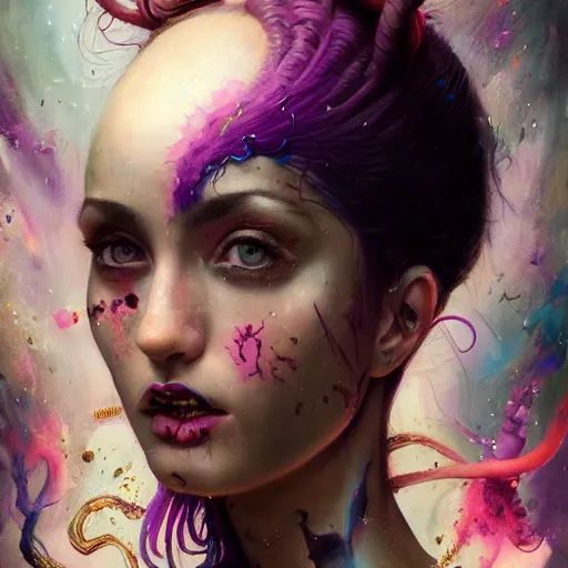 Image similar to art portrait of a furious girl with purple tentacles on her head, 8 k, by tristan eaton, stanley artgermm, tom bagshaw, greg rutkowski, carne griffiths, trending on deviantart, face enhance, hyper detailed, full of colour,