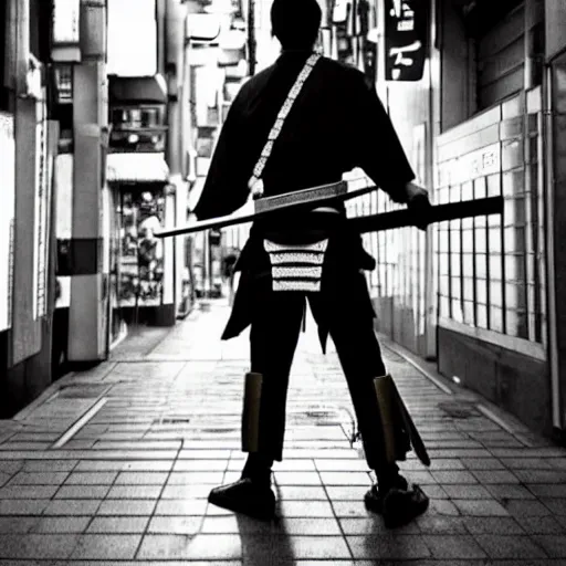 Prompt: a samurai wielding his katana in the middle of modern tokyo in cyberpunk style