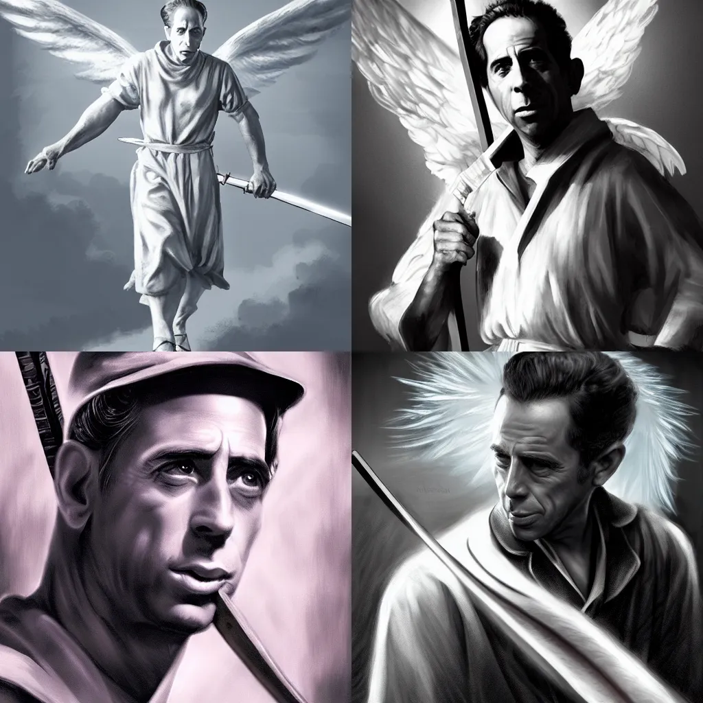 Prompt: Humphrey bogart as an angel with a sword, super realistic, dramatic lighting, trending on artstation