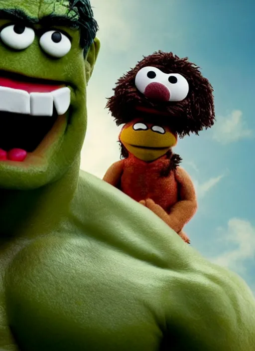 Image similar to the hulk as a muppet in the new action movie 4 k atmospheric volumetric