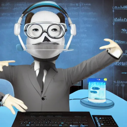 Image similar to An anthropomorphic grey dolphin dressed as a chemist playing games on a computer, digital painting, close-up, wearing a headset