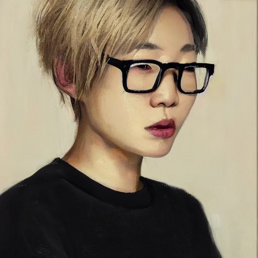 Prompt: portrait of a korean trans girl with very short hair that is blonde at the tips, bedhead, wearing glasses, wearing a black t-shirt, oil on canvas, elegant pose, masterpiece, Jonathan Yeo painting