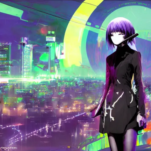 Prompt: portrait of the tokyo - ghoul masked joyful adolescent tiktoker girl aurora, purple dawn in neon santiago of chile on the background, concept art by yoji shinkawa, ryuichi sakamoto, esao andrews and yoshitaka amano