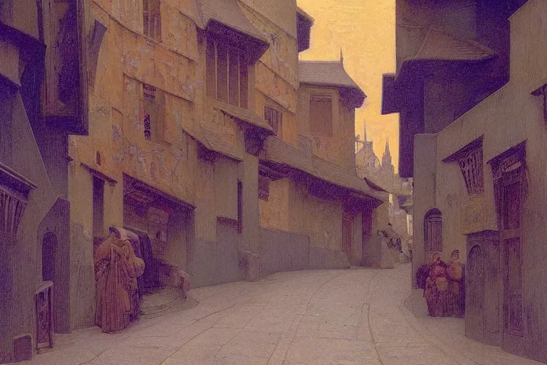 Prompt: winding street in a very old city by Annie Swynnerton and Nicholas Roerich and jean delville, glowing paper lanterns, strong dramatic cinematic lighting , ornate tiled architecture, lost civilizations, smooth, sharp focus, extremely detailed