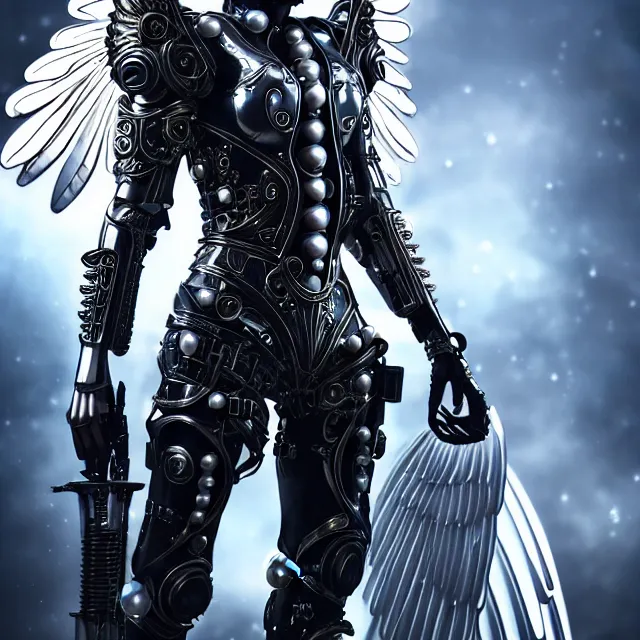 Image similar to beautiful!! futuristic cyberpunk angel warrior with ornate slick pearl armor, highly detailed 8 k hdr smooth sharp focus high resolution award - winning photo photorealistic