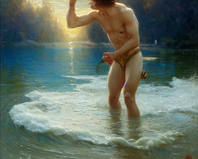 Image similar to attractive male wizard casting powerful wave water spell in a beautiful lake. highly detailed painting by gaston bussiere, craig mullins, j. c. leyendecker 8 k