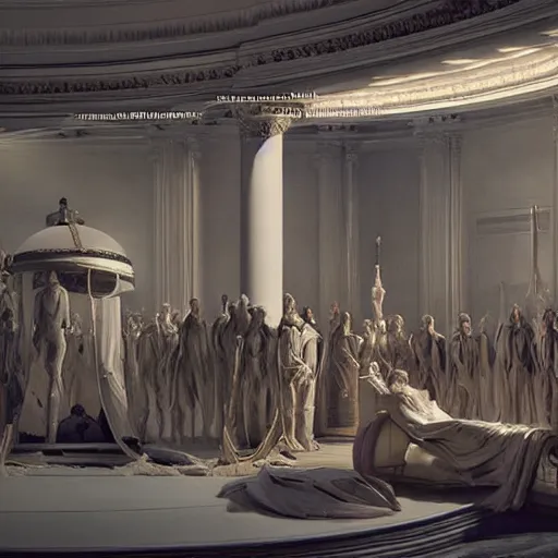 Image similar to sci-fi organic form car 50% of canvas and wall structure in the coronation of napoleon painting by Jacques-Louis David and in the blade runner 2049 film organic architecture forms unreal engine 5 lumen lighting ultra high detail ultra realism 4k in plastic dark tilt shift