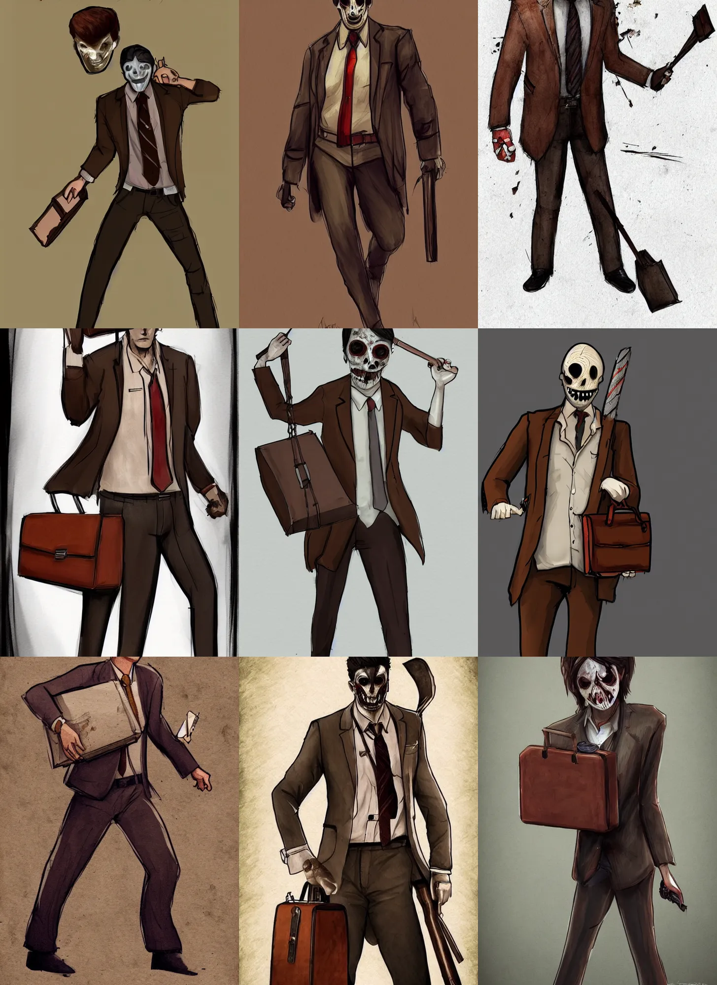 Prompt: a lawyer with short brown hair carrying a brown briefcase as a dead by daylight killer, concept art,