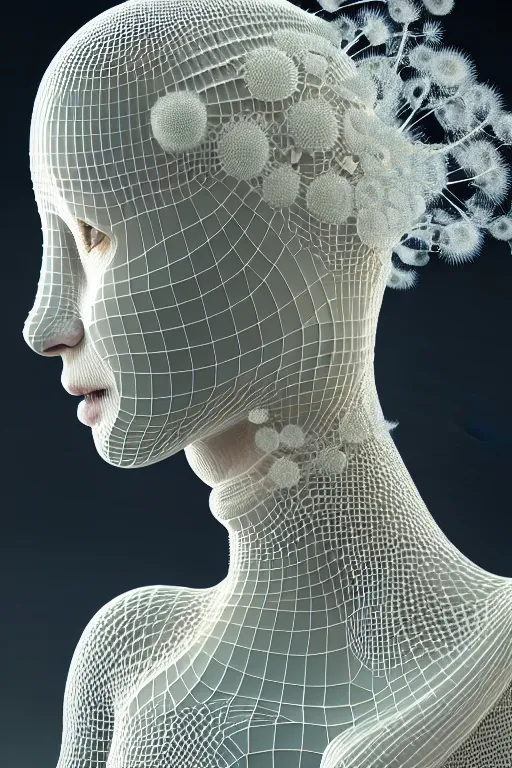 Image similar to intricate hyper detailed ultra sharp 3 d render of a beautiful porcelain biomechanical woman profile portrait, large pore fungi embroidered, rays of shimmering light, cyberpunk art nouveau, haute couture alexander mcqueen silver leaves stems dahlia transparent fractal dandelion yellow pistil filigree roots, octane render, volumetric cinematic lighting, 8 k post - production